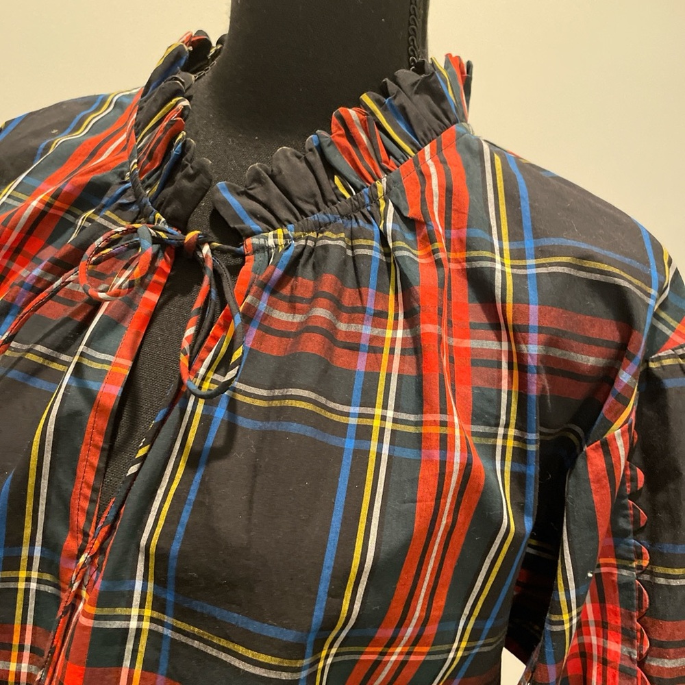 J. Crew Scalloped Tie-Neck Tunic in Stewart Tartan Multicolor Plaid Neck Ruffles
